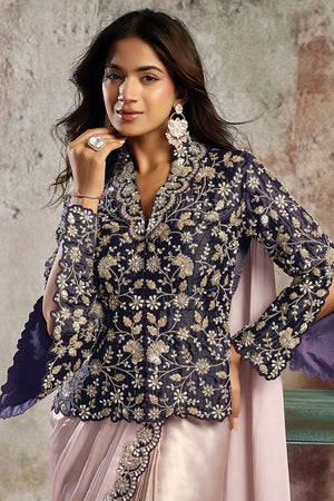 Cream Sequin with Floral Embroidered Satin Ready to Wear Saree