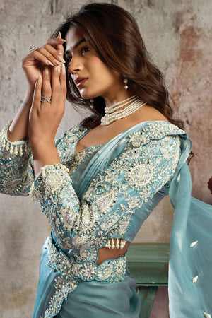 Blue Floral Embroidered Satin Ready to Wear Saree