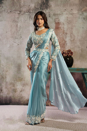 Blue Floral Embroidered Satin Ready to Wear Saree