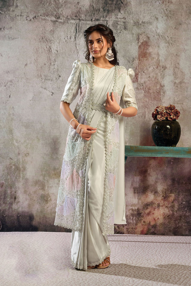 Green Sequin with Floral Embroidered Satin Ready to Wear Saree (ACA5071)