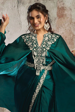 Green Floral Embroidered Satin Ready to Wear Saree (ACA5072)