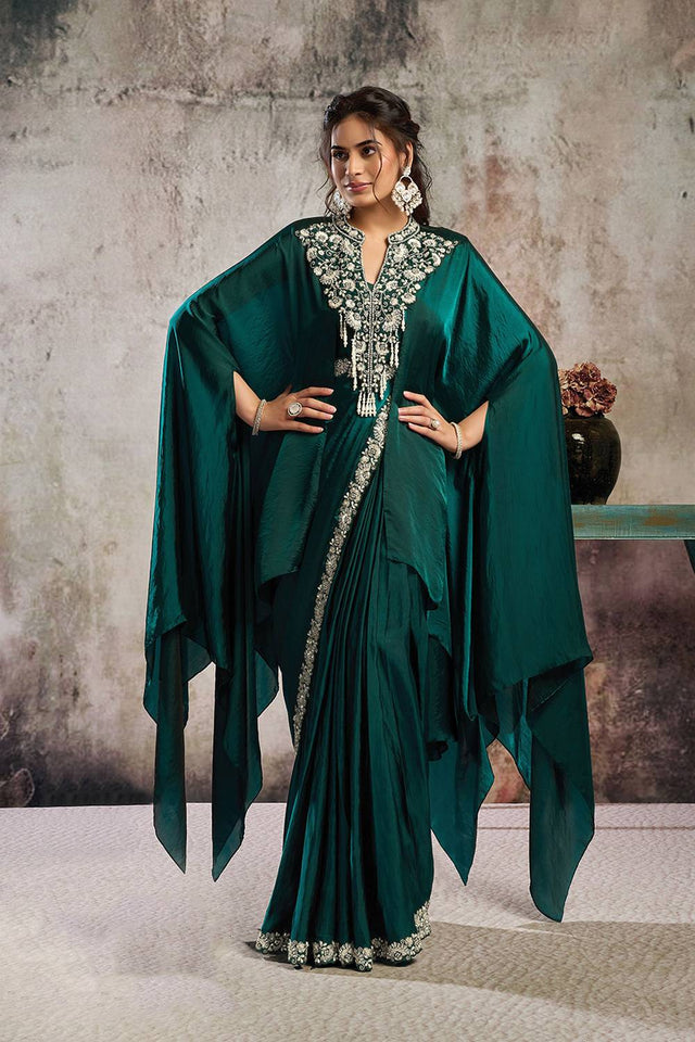 Green Floral Embroidered Satin Ready to Wear Saree (ACA5072)