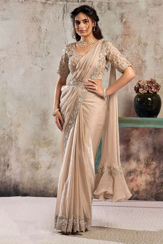 Peach Sequin with Floral Embroidered Satin Ready to Wear Saree
