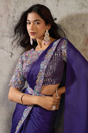Violet Sequin with Floral Embroidered Satin Ready to Wear Saree