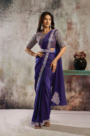 Violet Sequin with Floral Embroidered Satin Ready to Wear Saree