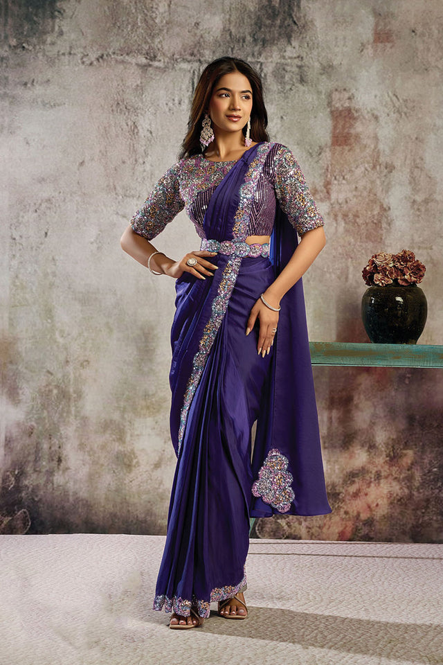 Violet Sequin with Floral Embroidered Satin Ready to Wear Saree