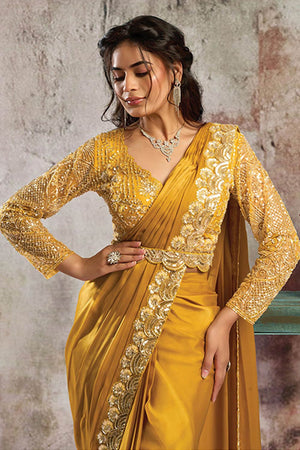 Mustard Sequin with Floral Embroidered Satin Ready to Wear Saree