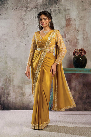 Mustard Sequin with Floral Embroidered Satin Ready to Wear Saree