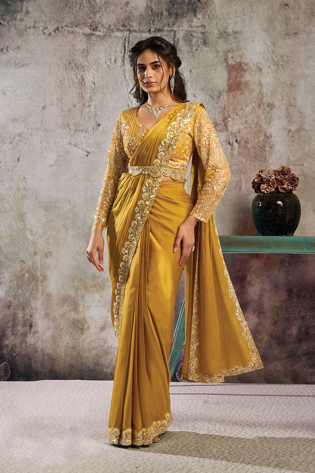 Mustard Sequin with Floral Embroidered Satin Ready to Wear Saree