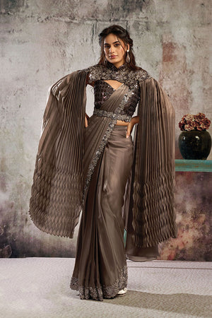 Brown Sequin with Floral Embroidered Satin Ready to Wear Saree (ACA5078)