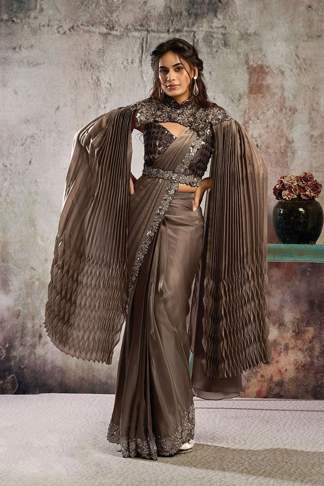 Brown Sequin with Floral Embroidered Satin Ready to Wear Saree (ACA5078)