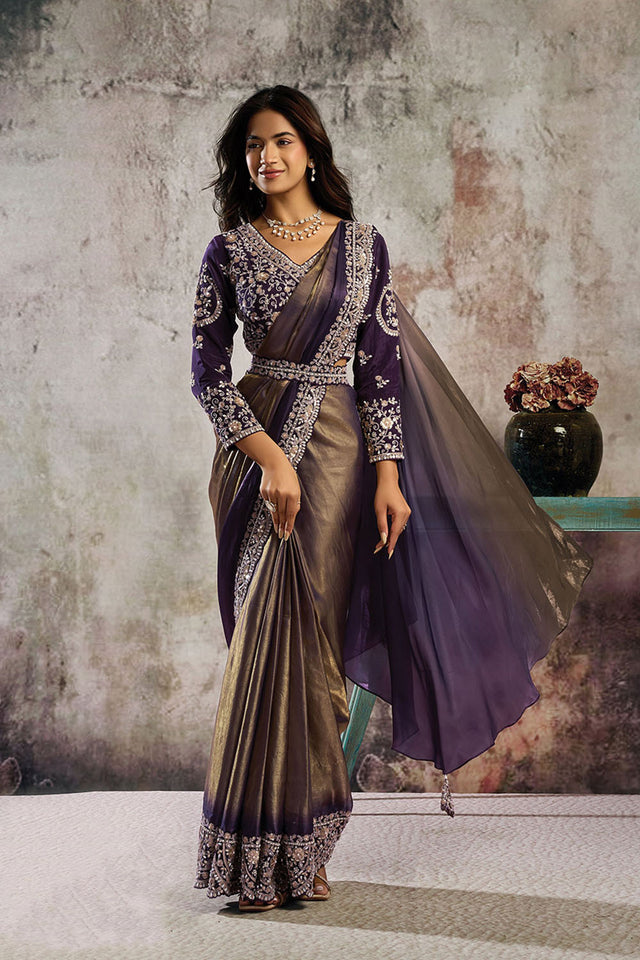 Gold Sequin with Floral Embroidered Satin Ready to Wear Saree