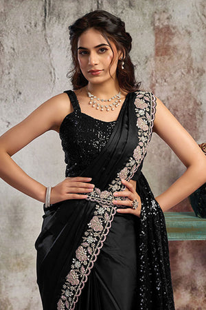 Black Sequin with Floral Embroidered Satin Ready to Wear Saree