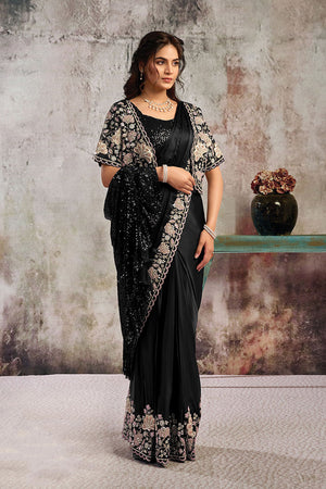 Black Sequin with Floral Embroidered Satin Ready to Wear Saree
