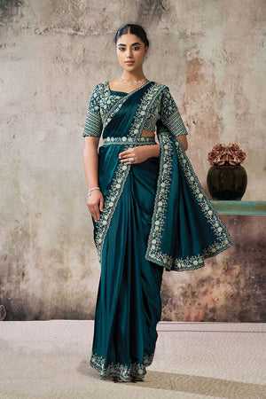 Turquoise Sequin with Floral Embroidered Satin Ready to Wear Saree (ACA5081)