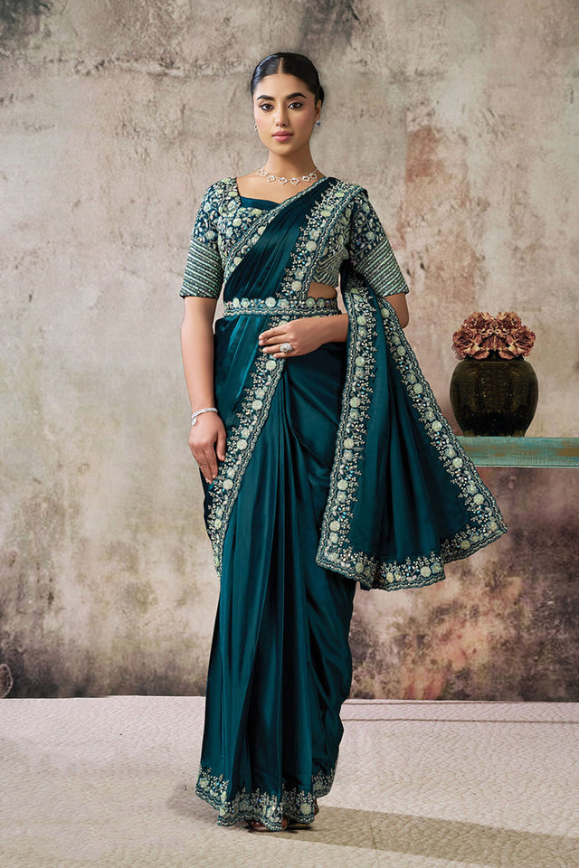 Turquoise Sequin with Floral Embroidered Satin Ready to Wear Saree (ACA5081)