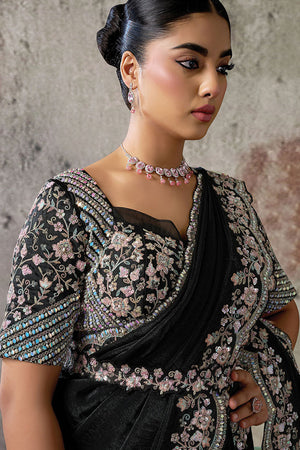 Black Sequin with Floral Embroidered Satin Ready to Wear Saree