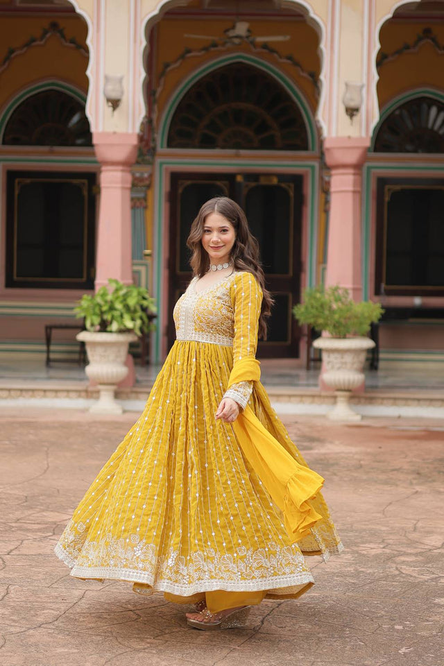 Yellow Cotton Georgette Palazzo Suits