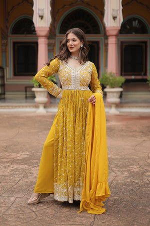 Yellow Cotton Georgette Palazzo Suits