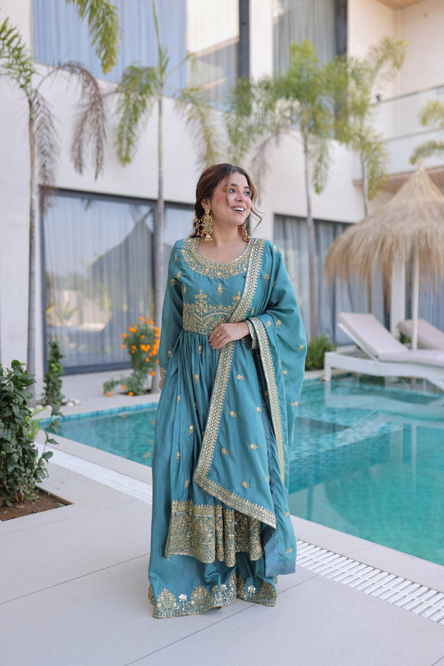 Sky Blue Cotton Silk Palazzo Suits