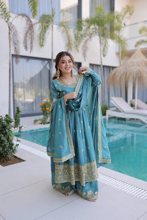 Sky Blue Cotton Silk Palazzo Suits