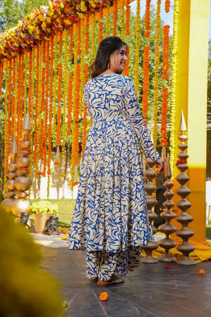 Blue Floral Printed Cotton Kurti Pant Set