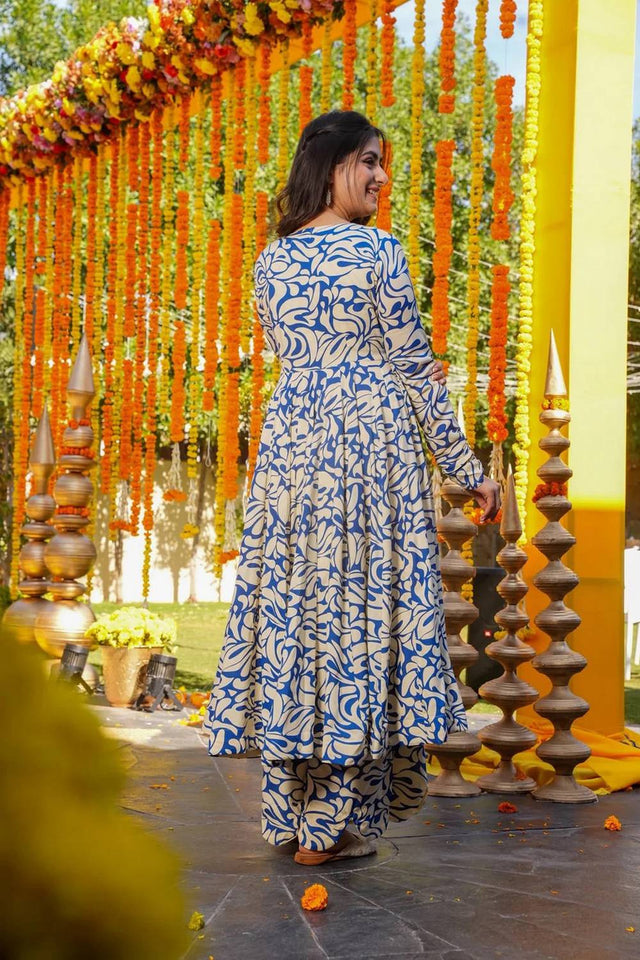 Blue Floral Printed Cotton Kurti Pant Set