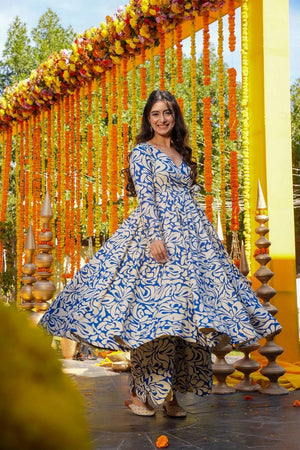 Blue Floral Printed Cotton Kurti Pant Set