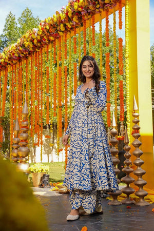 Blue Floral Printed Cotton Kurti Pant Set