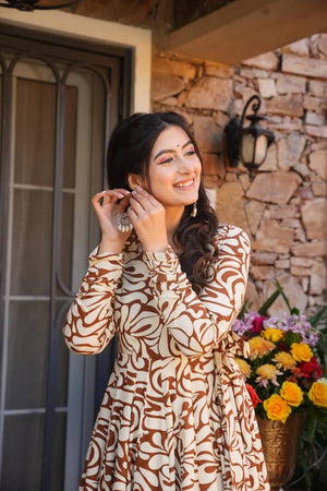 Mustard Floral Printed Cotton Kurti Pant Set