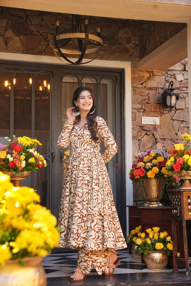 Mustard Floral Printed Cotton Kurti Pant Set