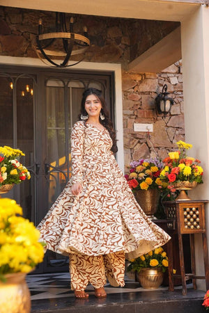 Mustard Floral Printed Cotton Kurti Pant Set