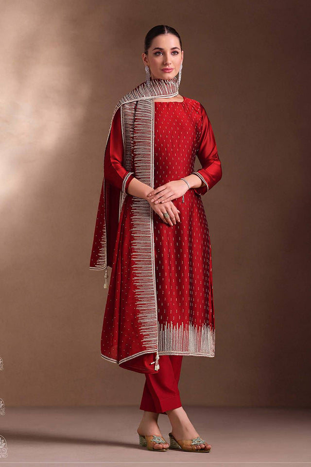 Maroon Santoon Georgette Kurti Pant Set