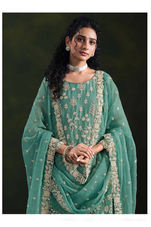 Sea Green Santoon Chiffon Kurti Pant Set