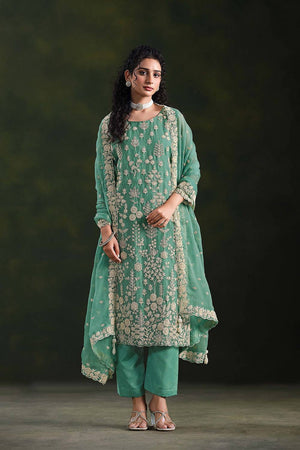 Sea Green Santoon Chiffon Kurti Pant Set