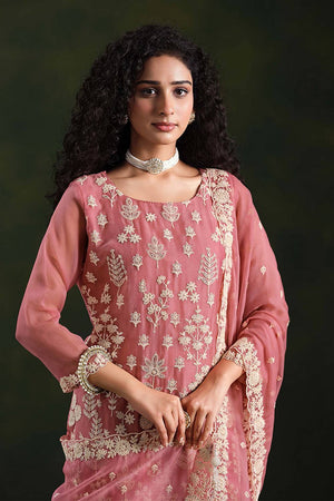 Pink Santoon Chiffon Kurti Pant Set