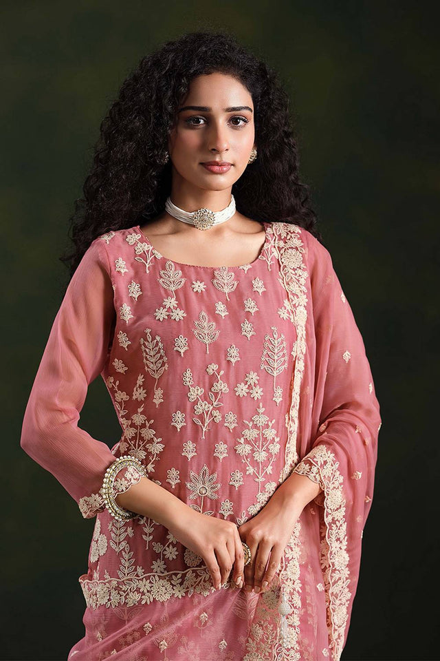 Pink Santoon Chiffon Kurti Pant Set
