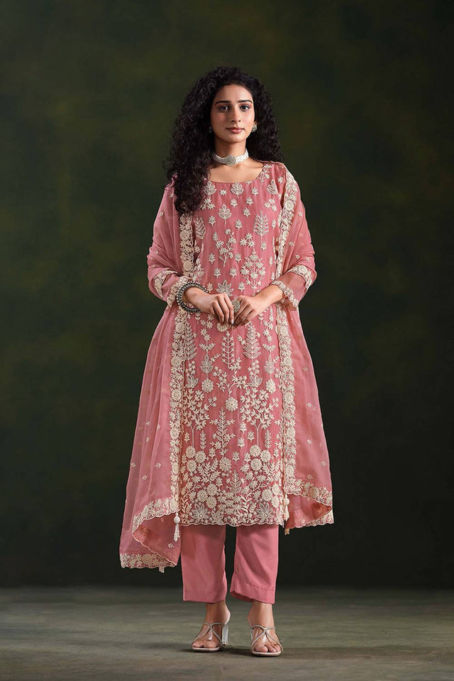 Pink Santoon Chiffon Kurti Pant Set
