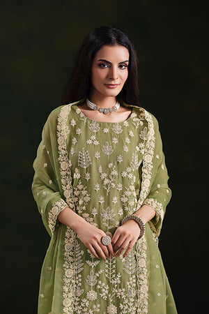 Green Santoon Chiffon Kurti Pant Set