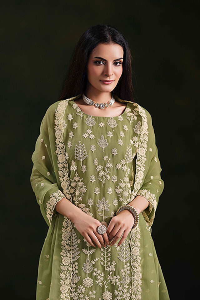 Green Santoon Chiffon Kurti Pant Set
