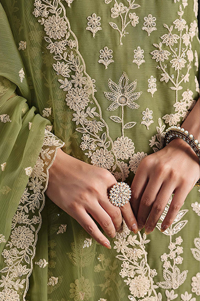 Green Santoon Chiffon Kurti Pant Set