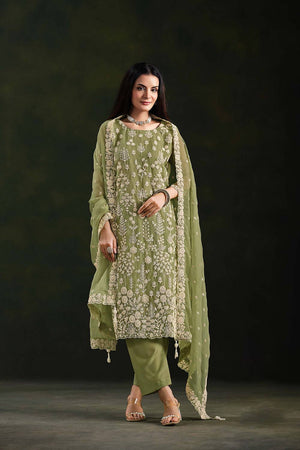 Green Santoon Chiffon Kurti Pant Set