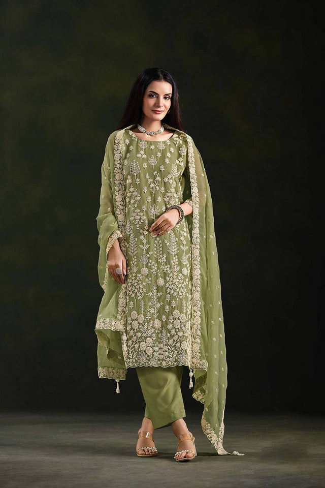 Green Santoon Chiffon Kurti Pant Set