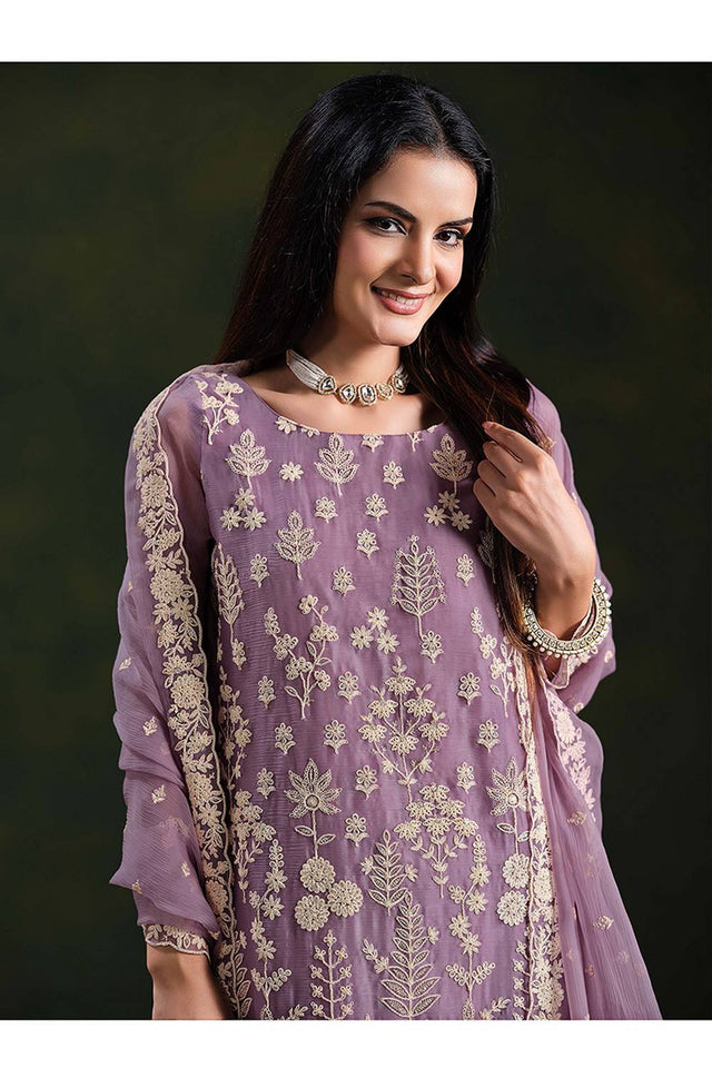 Purple Santoon Chiffon Kurti Pant Set