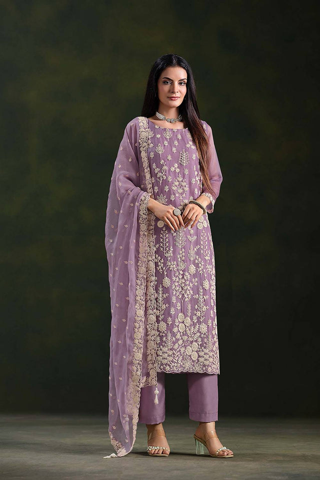 Purple Santoon Chiffon Kurti Pant Set