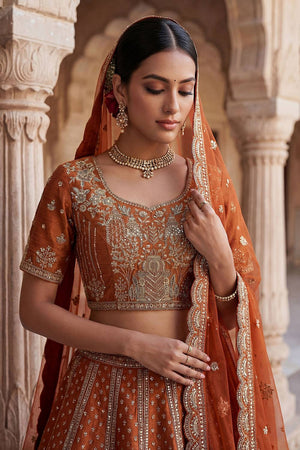 Orange Silk Sequin with Embroidered Lehenga