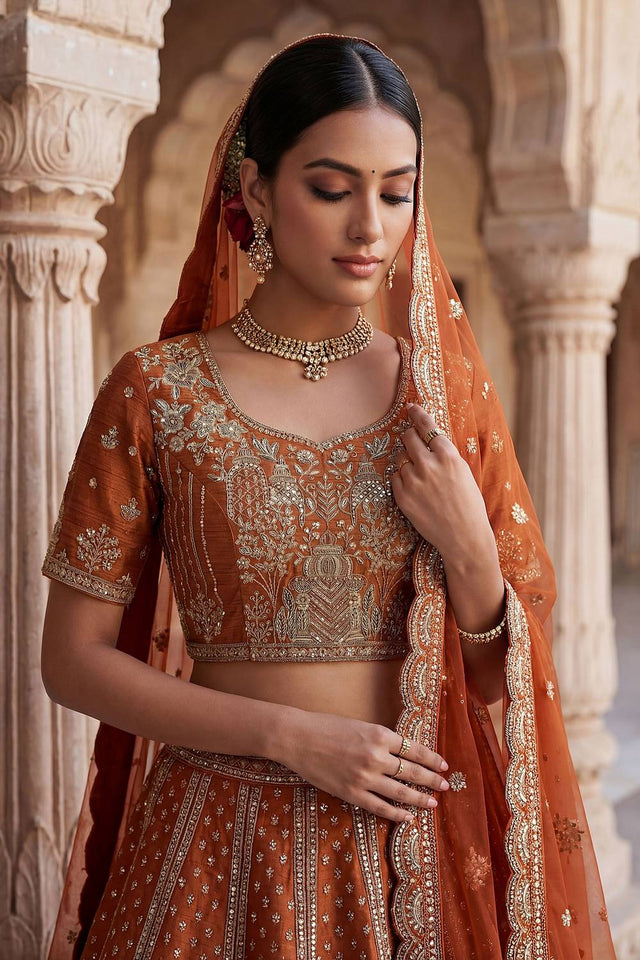 Orange Silk Sequin with Embroidered Lehenga