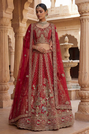 Red Silk Sequin with Embroidered Lehenga