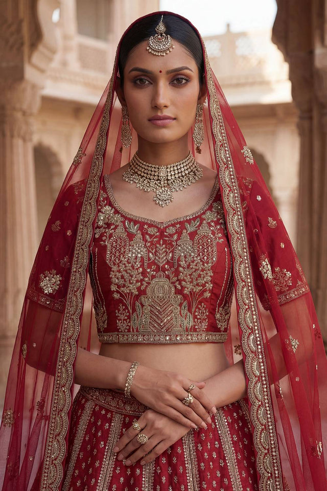 Red Silk Sequin with Embroidered Lehenga