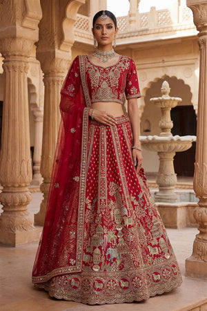 Red Silk Sequin with Embroidered Lehenga